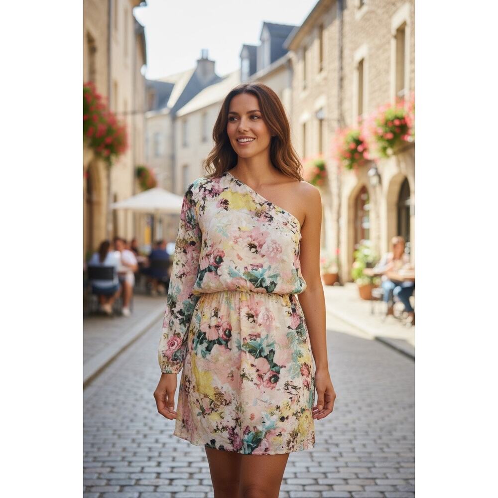 Hermant and Nandita floral one sleeve mini cocktail dress colorful spring large